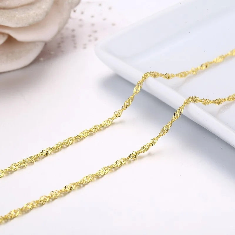 35cm-60cm 925 Sterling Silver with Gold Color Water Wave Chain Necklace Women Girls Jewelry Kolye Collares W 2mm