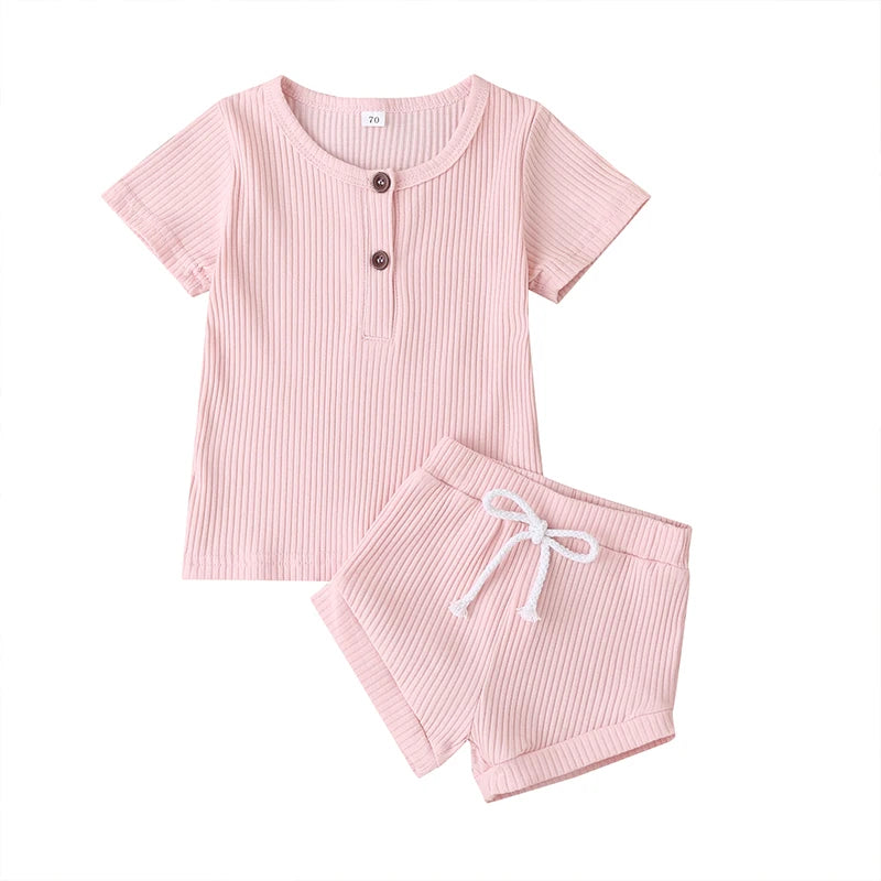 Cotton Casual Summer Newborn Baby Boys Girls Outfits Suit Ribbed Knitted Short Sleeve T-shirts Tops+Shorts 2Pcs Kids Tracksuits