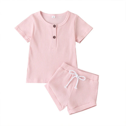 Cotton Casual Summer Newborn Baby Boys Girls Outfits Suit Ribbed Knitted Short Sleeve T-shirts Tops+Shorts 2Pcs Kids Tracksuits