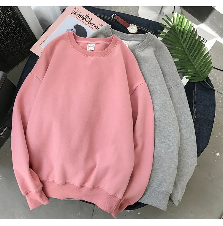 Woman Solid Color O-Neck Sweatshirt Casual Loose Fit Hoodie Harajuku Aesthetic Streetwear Velvet Pullover White Tops Korean Pop