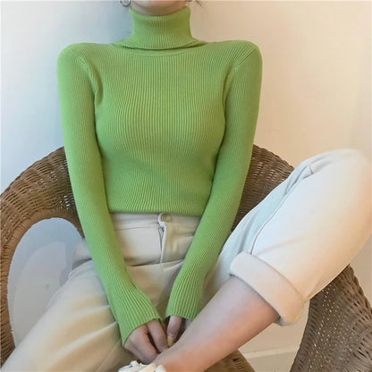 2025 Autumn Winter Thick Sweater Women Knitted Ribbed Pullover Sweater Long Sleeve Turtleneck Slim Jumper Soft Warm Pull Femme