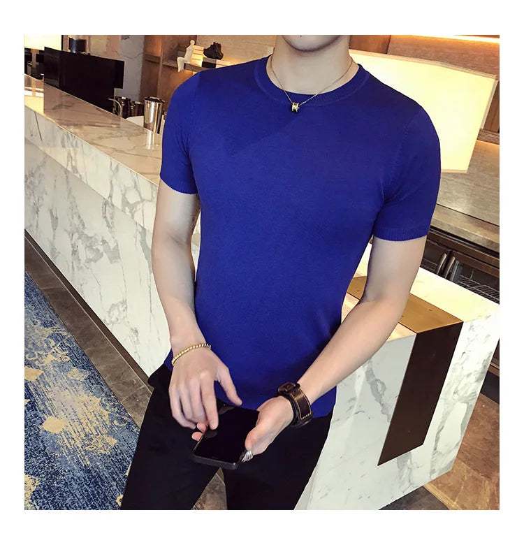 Top Quality Summer Thin Short Sleeved Knitwear T-shirt Men Clothing 2024 Solid Color Slim Fit O-Neck Tee Shirt Streetwear 3XL-M