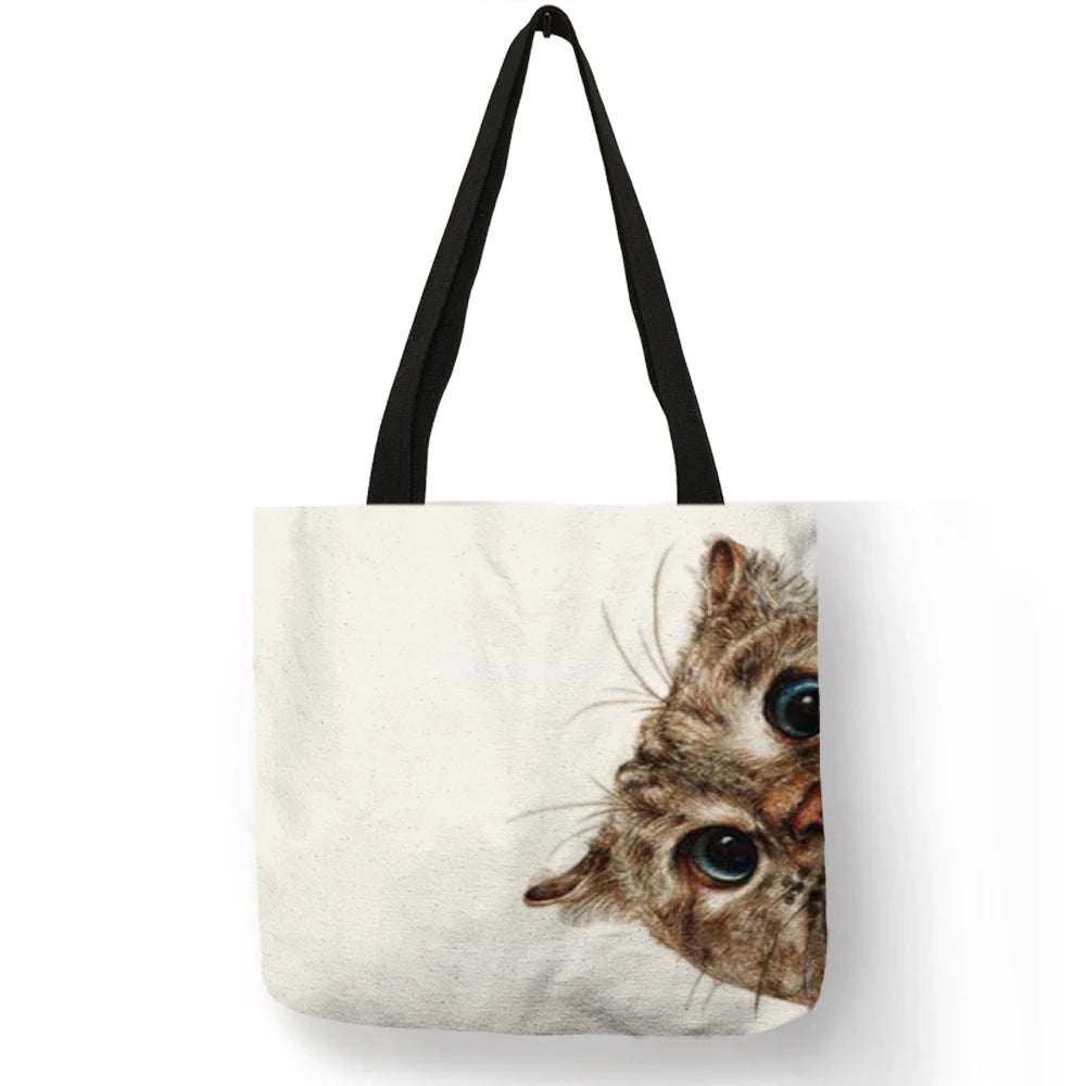 Lovely Pattern Women Totes Cute Cartoon Cats Image Printed Handbag Eco Linen Fashion Traveling Practical Shoulder Bag Lady