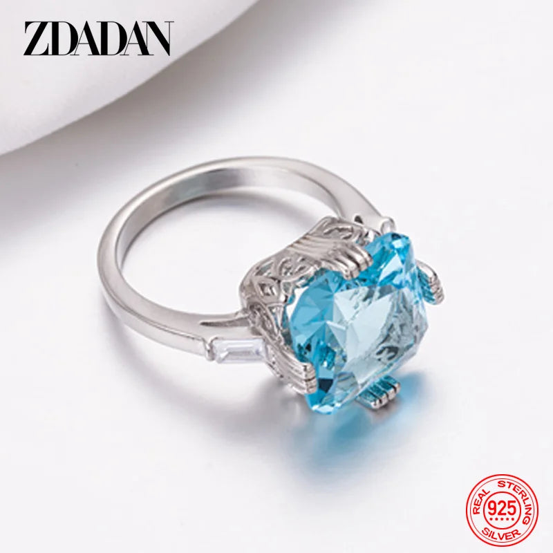 ZDADAN 925 Sterling Silver Charm Square Aquamarine Ring For Women Fashion Wedding Jewelry Party Gift