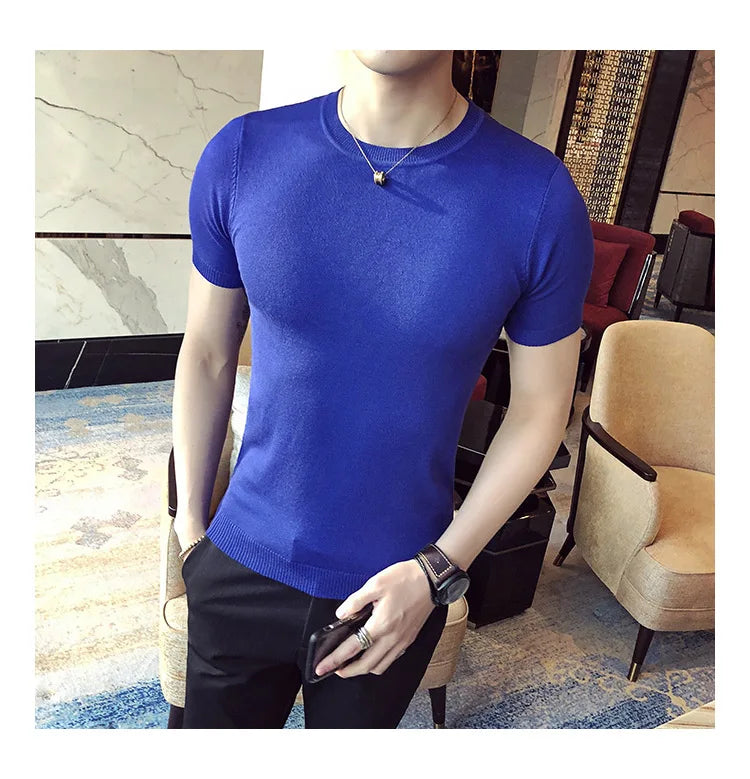 Top Quality Summer Thin Short Sleeved Knitwear T-shirt Men Clothing 2024 Solid Color Slim Fit O-Neck Tee Shirt Streetwear 3XL-M