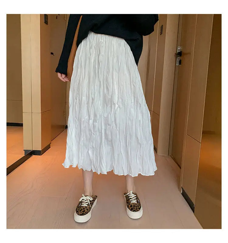 Skirts Women Solid Design Midi All-match Folds Korean Style Leisure High Waist Daily Female Newest Irregular Elegant Cozy Faldas