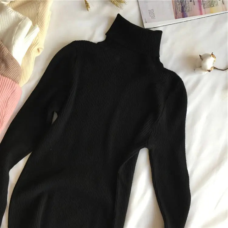 2025 Autumn Winter Thick Sweater Women Knitted Ribbed Pullover Sweater Long Sleeve Turtleneck Slim Jumper Soft Warm Pull Femme