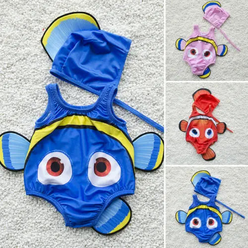 2PCS Kids Baby Girl Swimsuit Goldfish Swimwear Swimmable Costume+Swimming Hat 2019 New Cute High Quality Hot Sale