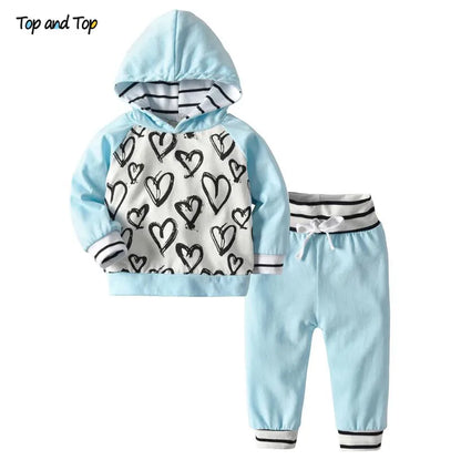 Top and Top Fashion Cute Infant Newborn Baby Girl Clothes Hooded Sweatshirt Striped Pants 2pcs Outfit Cotton Baby Tracksuit Set