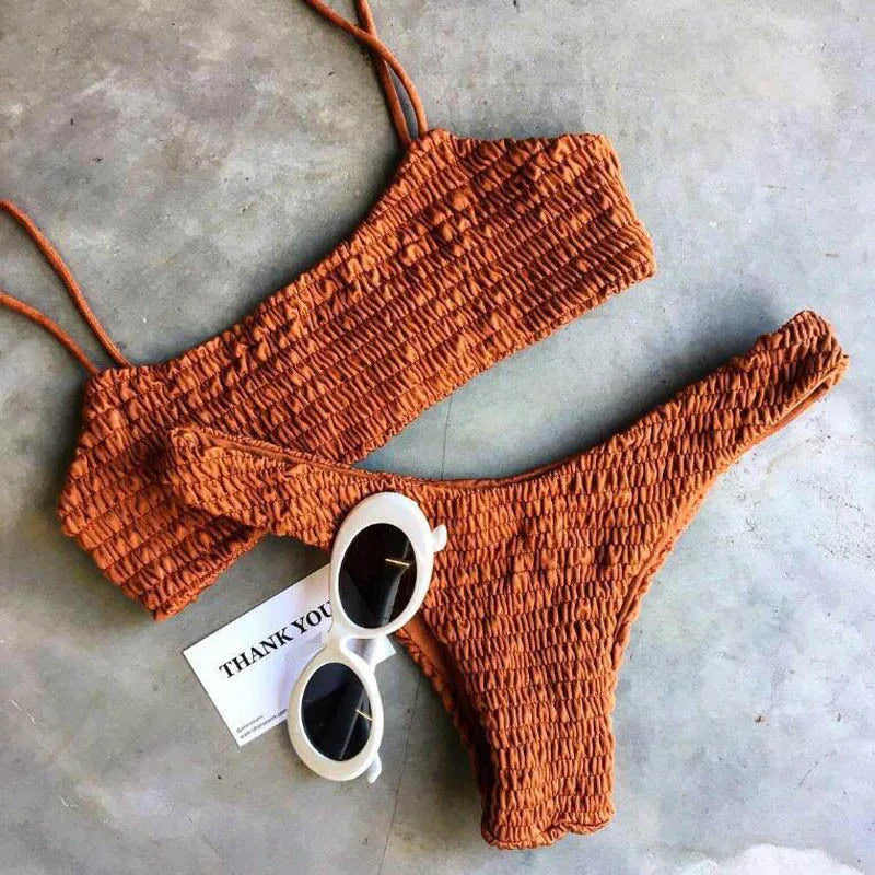 Sexy Bikini 2024 Woman Swimwear Fold Push-Up Knitting Bra Bandage Bikini Set Female Holiday Beach Bathing Suits