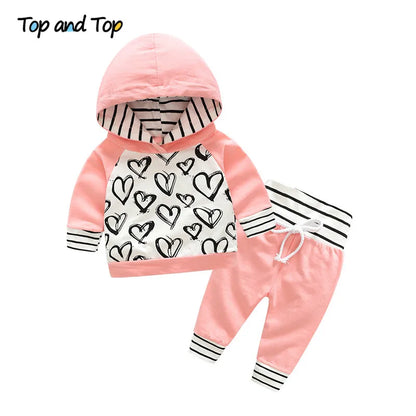 Top and Top Fashion Cute Infant Newborn Baby Girl Clothes Hooded Sweatshirt Striped Pants 2pcs Outfit Cotton Baby Tracksuit Set