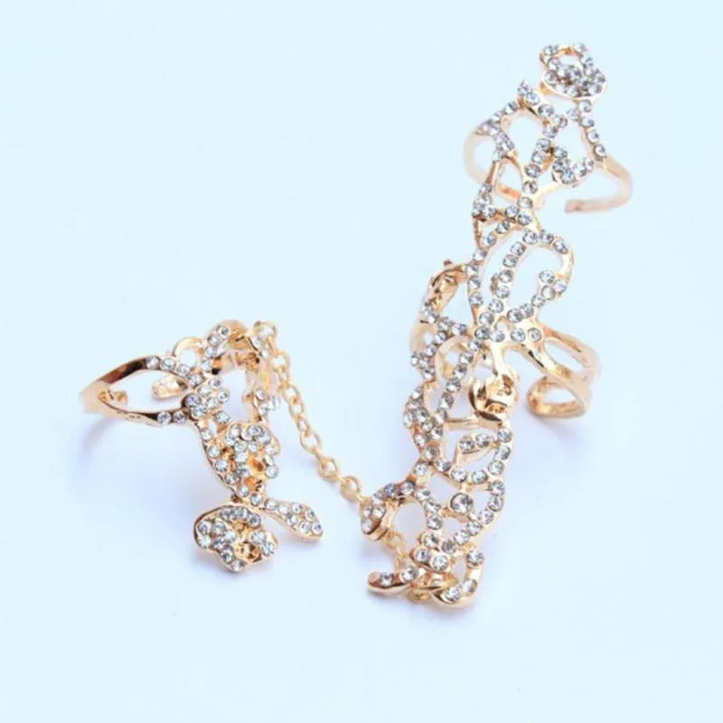 New Fashion Chain Link Ring Full Rhinestone Vintage Flower Double Finger  For Women Girl Party Jewelry Gift Accessories