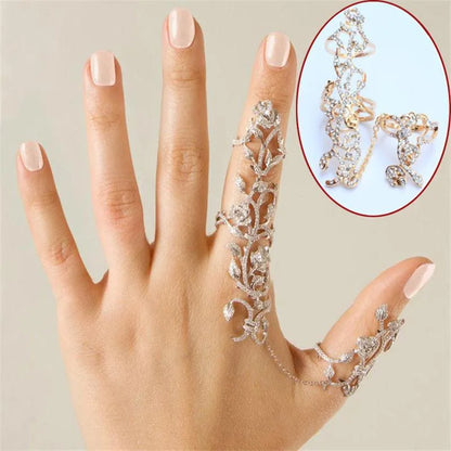 New Fashion Chain Link Ring Full Rhinestone Vintage Flower Double Finger  For Women Girl Party Jewelry Gift Accessories