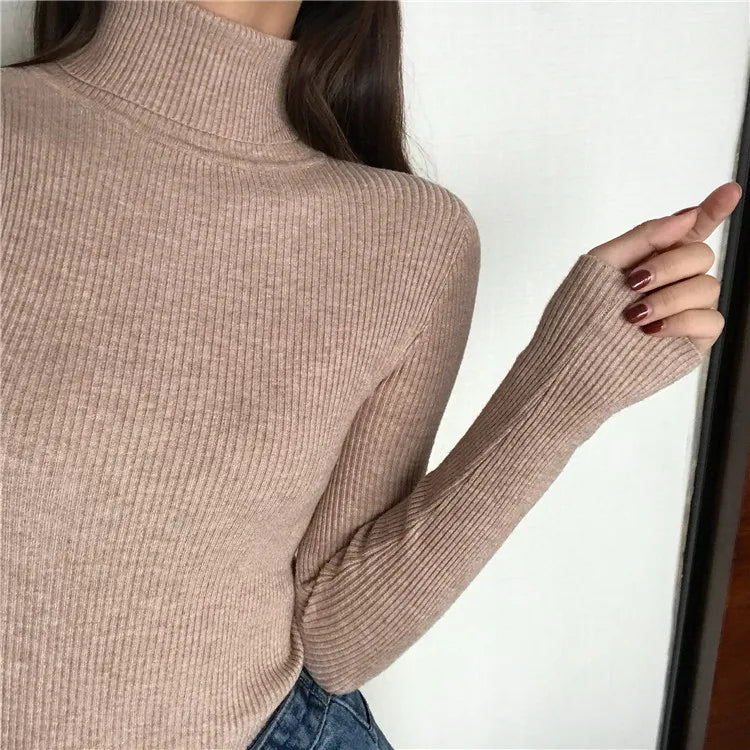 2025 Autumn Winter Thick Sweater Women Knitted Ribbed Pullover Sweater Long Sleeve Turtleneck Slim Jumper Soft Warm Pull Femme