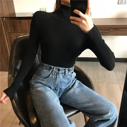 2025 Autumn Winter Thick Sweater Women Knitted Ribbed Pullover Sweater Long Sleeve Turtleneck Slim Jumper Soft Warm Pull Femme