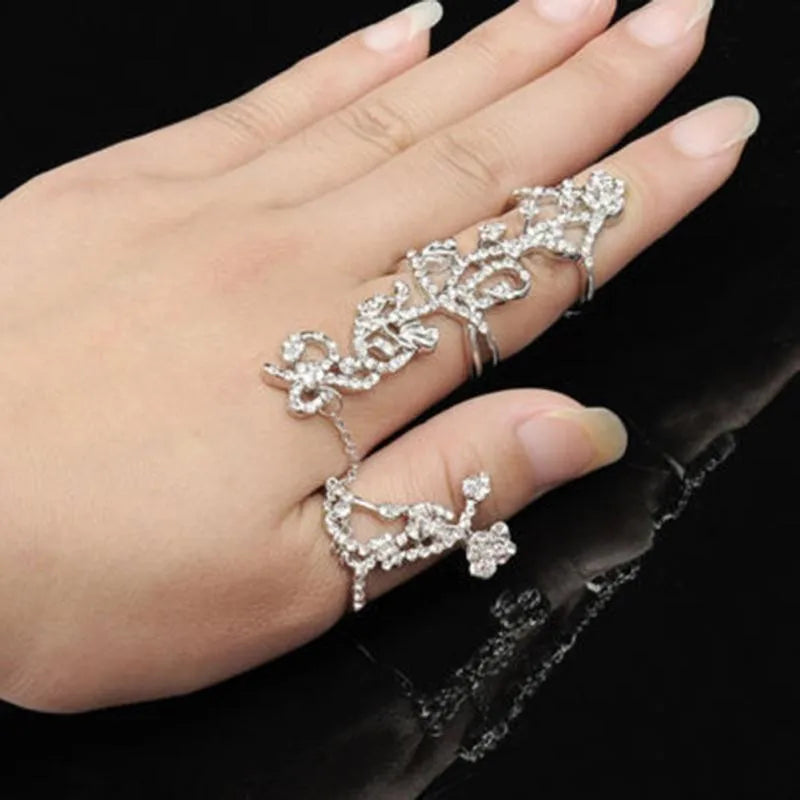 New Fashion Chain Link Ring Full Rhinestone Vintage Flower Double Finger  For Women Girl Party Jewelry Gift Accessories