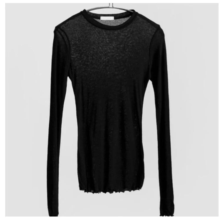 Slim High Quality Plain T Shirt Women Cotton Elastic Basic T-shirts Female Casual Tops Long Sleeve Sexy Thin T-shirt see through