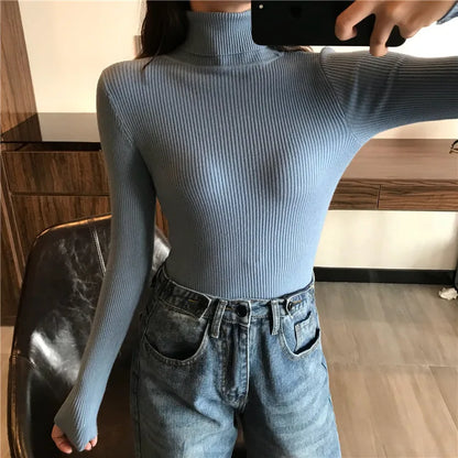 2025 Autumn Winter Thick Sweater Women Knitted Ribbed Pullover Sweater Long Sleeve Turtleneck Slim Jumper Soft Warm Pull Femme