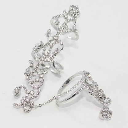 New Fashion Chain Link Ring Full Rhinestone Vintage Flower Double Finger  For Women Girl Party Jewelry Gift Accessories