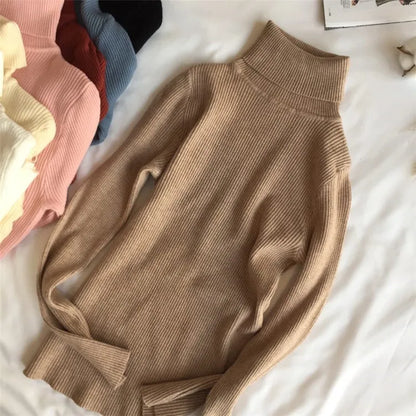 2025 Autumn Winter Thick Sweater Women Knitted Ribbed Pullover Sweater Long Sleeve Turtleneck Slim Jumper Soft Warm Pull Femme