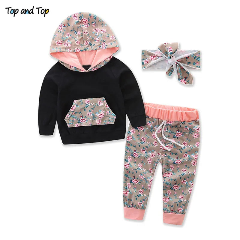 Top and Top Fashion Cute Infant Newborn Baby Girl Clothes Hooded Sweatshirt Striped Pants 2pcs Outfit Cotton Baby Tracksuit Set