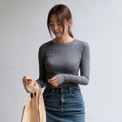 Slim High Quality Plain T Shirt Women Cotton Elastic Basic T-shirts Female Casual Tops Long Sleeve Sexy Thin T-shirt see through