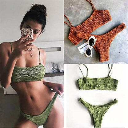 Sexy Bikini 2024 Woman Swimwear Fold Push-Up Knitting Bra Bandage Bikini Set Female Holiday Beach Bathing Suits