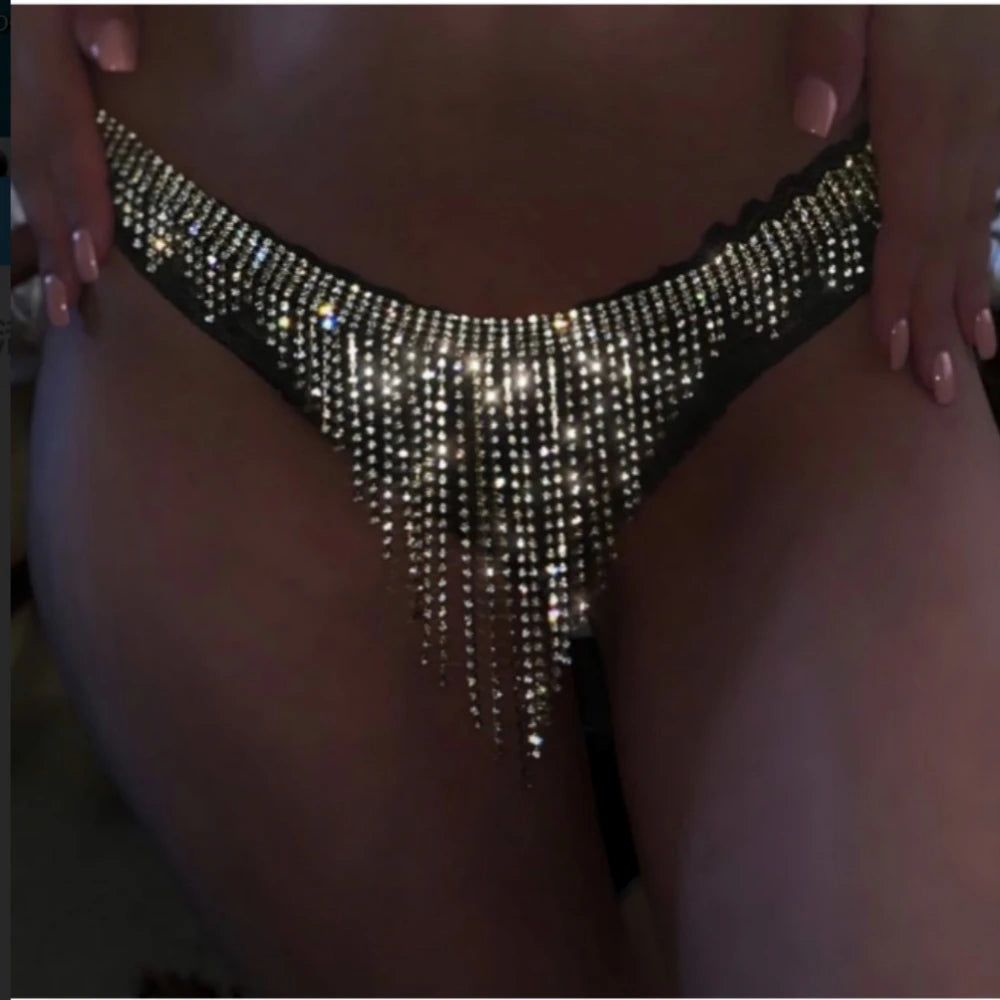 StoneFans Sexy Rhinestone Tassel Underwear Thong Panties For Women Crystal Body Chain Jewelry Hide-it Jewelry Valentine's Gift