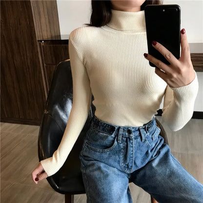 2025 Autumn Winter Thick Sweater Women Knitted Ribbed Pullover Sweater Long Sleeve Turtleneck Slim Jumper Soft Warm Pull Femme