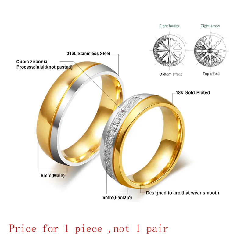 Vnox Wedding Ring for Women / Men Gold Color Love Engagement Couple Stainless Steel Lovers Jewlery Anniversary Gift US size