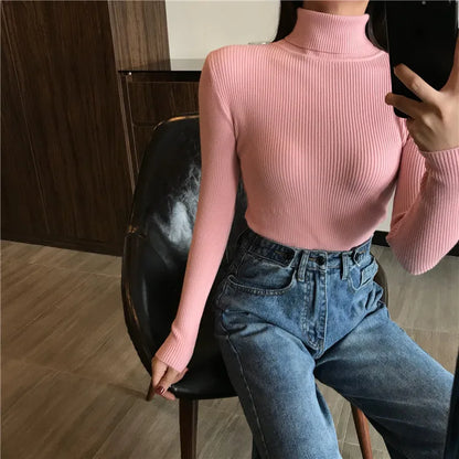 2025 Autumn Winter Thick Sweater Women Knitted Ribbed Pullover Sweater Long Sleeve Turtleneck Slim Jumper Soft Warm Pull Femme