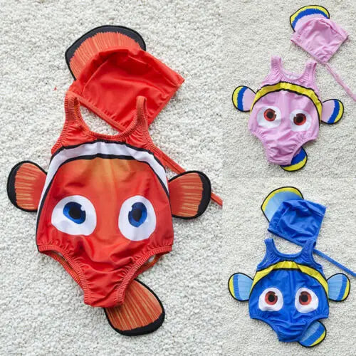 2PCS Kids Baby Girl Swimsuit Goldfish Swimwear Swimmable Costume+Swimming Hat 2019 New Cute High Quality Hot Sale