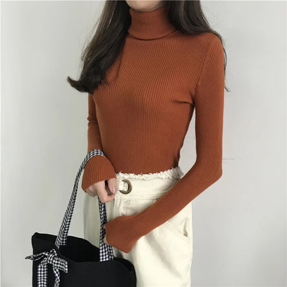 2025 Autumn Winter Thick Sweater Women Knitted Ribbed Pullover Sweater Long Sleeve Turtleneck Slim Jumper Soft Warm Pull Femme