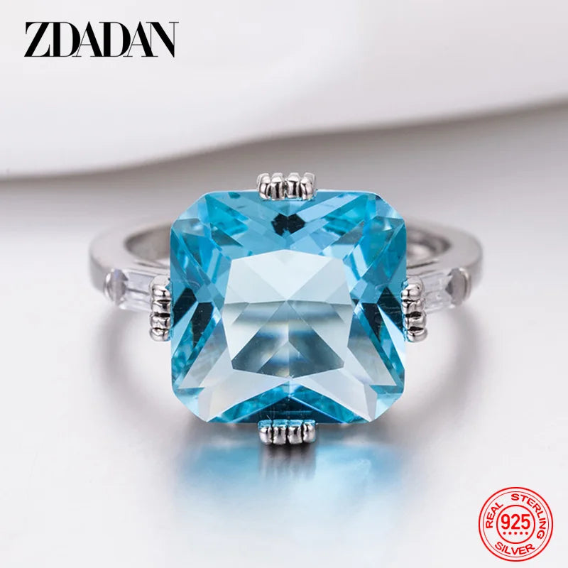 ZDADAN 925 Sterling Silver Charm Square Aquamarine Ring For Women Fashion Wedding Jewelry Party Gift