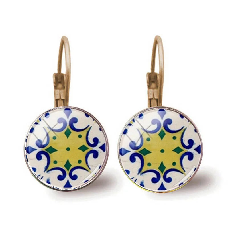 Portugal Tile Graphic Earrings Mandala Portuguese Flower Earrings For Female Girls Birthday Gifts Temperament Jewelry