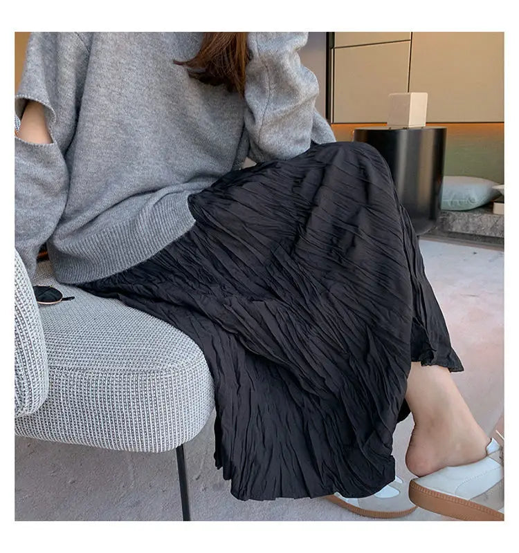 Skirts Women Solid Design Midi All-match Folds Korean Style Leisure High Waist Daily Female Newest Irregular Elegant Cozy Faldas