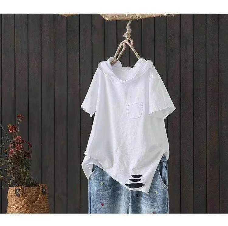 Women's Hooded T-shirt 2024 Original 95% Cotton Summer New Style Loose Cotton Short-sleeved Literary Hole Casual Women Clothing