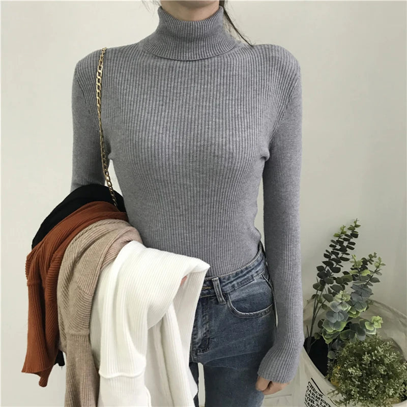 2025 Autumn Winter Thick Sweater Women Knitted Ribbed Pullover Sweater Long Sleeve Turtleneck Slim Jumper Soft Warm Pull Femme