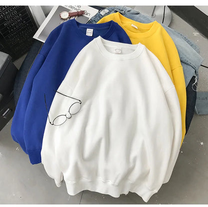 Woman Solid Color O-Neck Sweatshirt Casual Loose Fit Hoodie Harajuku Aesthetic Streetwear Velvet Pullover White Tops Korean Pop