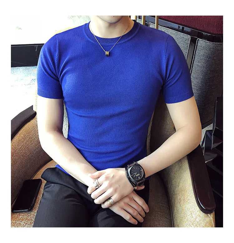 Top Quality Summer Thin Short Sleeved Knitwear T-shirt Men Clothing 2024 Solid Color Slim Fit O-Neck Tee Shirt Streetwear 3XL-M