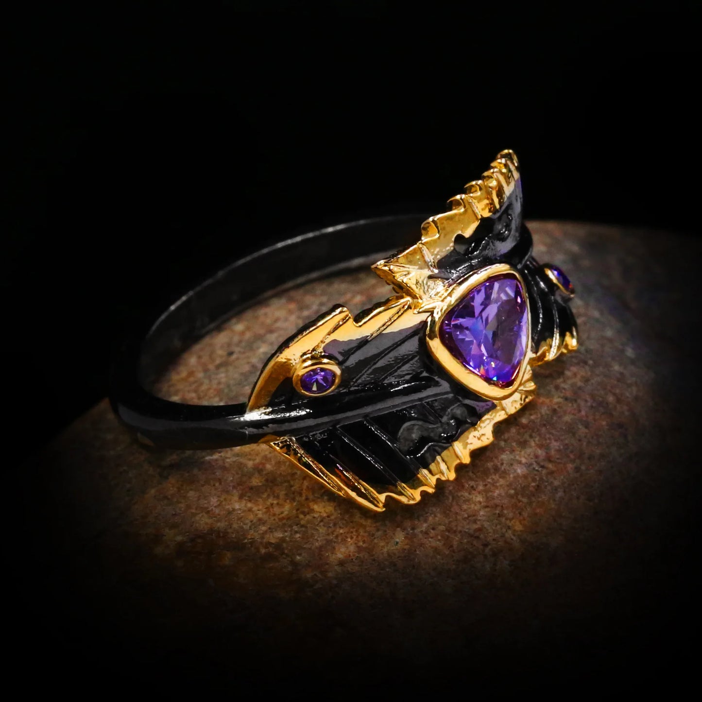 Vintage 925 silver ring two leaves clip love purple zircon black gold ring female wedding party anniversary jewelry gift