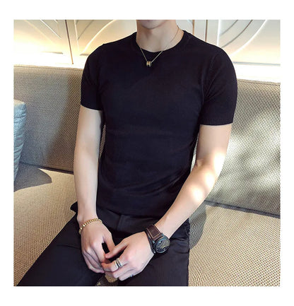 Top Quality Summer Thin Short Sleeved Knitwear T-shirt Men Clothing 2024 Solid Color Slim Fit O-Neck Tee Shirt Streetwear 3XL-M