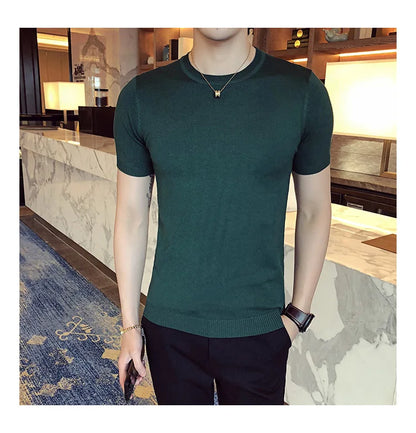 Top Quality Summer Thin Short Sleeved Knitwear T-shirt Men Clothing 2024 Solid Color Slim Fit O-Neck Tee Shirt Streetwear 3XL-M