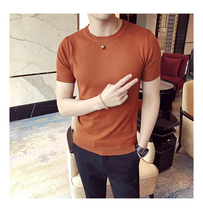 Top Quality Summer Thin Short Sleeved Knitwear T-shirt Men Clothing 2024 Solid Color Slim Fit O-Neck Tee Shirt Streetwear 3XL-M