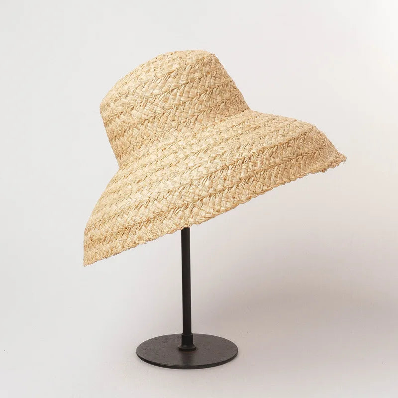 Fashion Women Wide Brim Raffia Hat Women Vacation Beach Hats Flat Top Straw Hat Summer Sun Hat Ladies UV Bucket Hat Wholesale