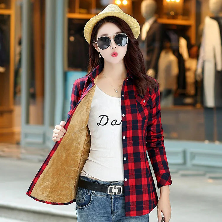 Plus Velvet Thicker Shirt Style Jacket Coat 2023 Winter New Hot Multicolor Plaid Warm Fleece Women Tops Brand Female Outerwear