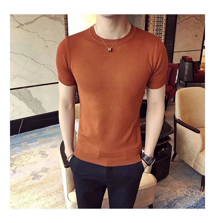 Top Quality Summer Thin Short Sleeved Knitwear T-shirt Men Clothing 2024 Solid Color Slim Fit O-Neck Tee Shirt Streetwear 3XL-M