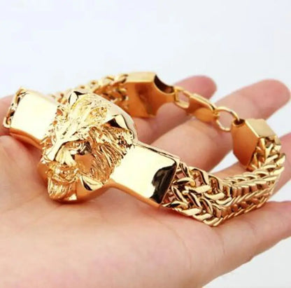 Fashion Gold Color Lion King Stainless Steel Braided Chain Bracelet Domineering Men\\'s Rock Wristband Alloy Lion Head Jewelry