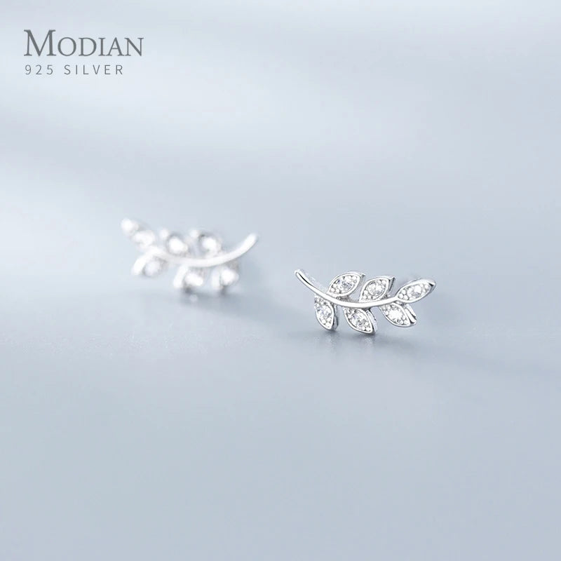 Modian New Sterling Silver 925 Dazzling Zircon Branch Leaves Stud Earrings For Women Plant Ear Studs Korean Style Fine Jewelry