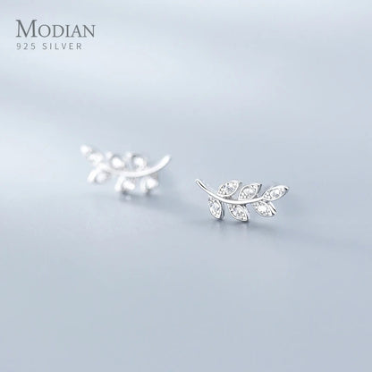 Modian New Sterling Silver 925 Dazzling Zircon Branch Leaves Stud Earrings For Women Plant Ear Studs Korean Style Fine Jewelry